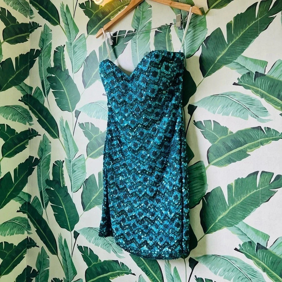 Renaissance Collection Hand Beaded Sequin Strapless Prom Dress Blue Green 6 - Picture 1 of 12